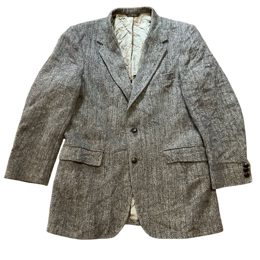 Vintage Roos Bros Harris Tweed Gray Herringbone Sport Coat Blazer Mens 42L Scott
